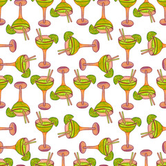 Seamless pattern with cocktails. A glass of mojito. A glass on a leg. Classic tropical cocktails. Mixed non-alcoholicdrink with straws and fruit. The illustration is drawn in watercolor by hand.