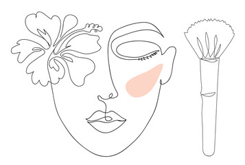 Line art woman fashion face with hibiscus, brush, blush