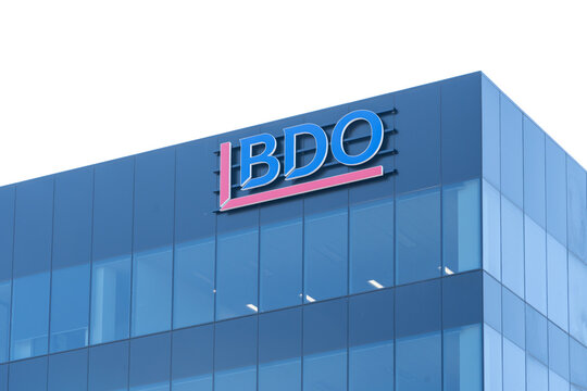 Mississauga, On, Canada - August 15, 2021: Close up of  BDO sign on the building in Mississauga, On, Canada. BDO is a network of public accounting, tax, consulting and business advisory firm.
