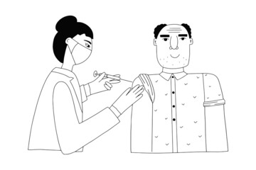 Obraz premium A doctor or nurse gives a flu or COVID-19 injection to a patient. Coronavirus infection vaccination concept. A man wearing a medical mask gets the antiviral vaccine with a syringe
