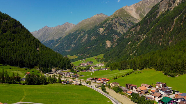 Famous village of Soelden in Austria - Solden from above - travel photography by drone