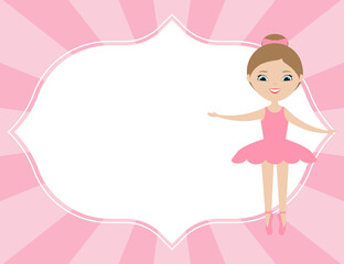 Sunburst horizontal background in pink colors with white vintage frame. Little girl ballerina in pink tutu dress. Cute cartoon character.