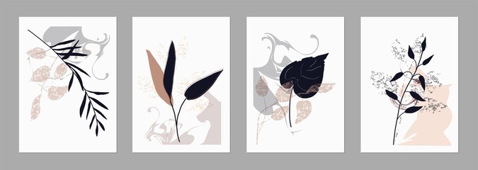 Set of trending templates, abstract shapes and botanical elements, pastel colors,  minimalism, hand drawn. Poster, room interior decor, design for textiles, postcard, concept, Vector