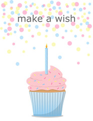 Birthday greeting card with colorful cupcake and candle. Make a Wish