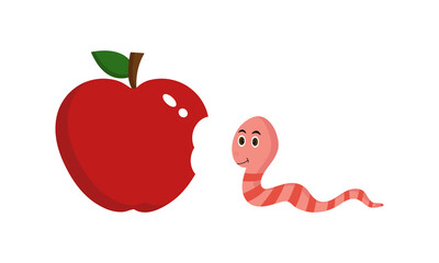 A bitten apple next to a crawling worm. Flat style vector illustration
