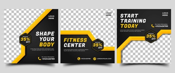 Gym, fitness, workout, sport social media post template design collection. Modern square banner with yellow frame shape and place for the photo. Usable for social media, banner, and website.