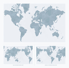 World map three versions: America center, Asia center and standard world map.
