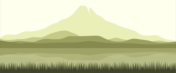 Mountain with its reflection and grass landscape vector illustration suitable for background, desktop background, backdrop design, typography background, banner.