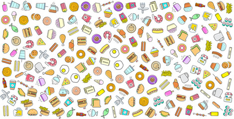 Colorful Set of Fast Food or Street Food Related Background. Vector.