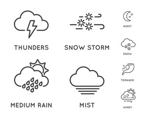 Set of Weather Related Line Icons. Contains Wind, Blizzard, Sun, Rain and more. Stroke Style.