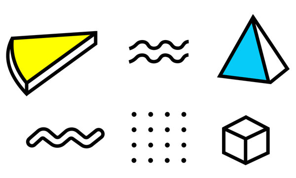 Memphis style icon set, consisting of icons, cubes, triangular pyramids, geometric pizza slices, and more.