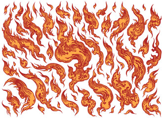 Flames. Design set. Editable hand drawn illustration. Vector engraving. Isolated on white background. 8 EPS - 451220472