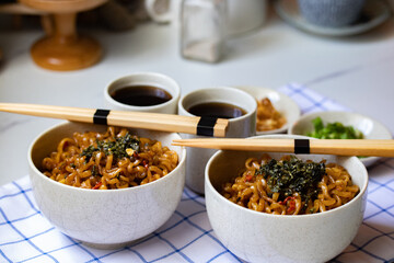 Korean hot and spicy instant noodle and seaweed