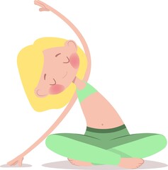 Vector illustration in flat simple style with female character - blonde hair girl in yoga pose.