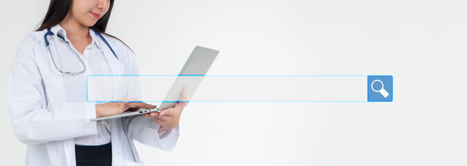 Searching browsing internet bar over background is Doctor or physician holding a laptop for...
