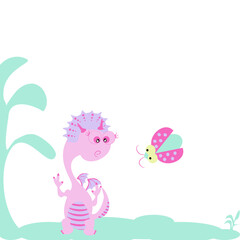 Cartoon cute pink boy dinosaur standing raising hands greeting ladybug flying beside on wide meadows in the forest.  Vector isolate flat design of funny lettering quote ,hand drawn for greeting card.