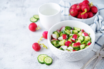 Radish cucumber parsley dill salad in a bowl