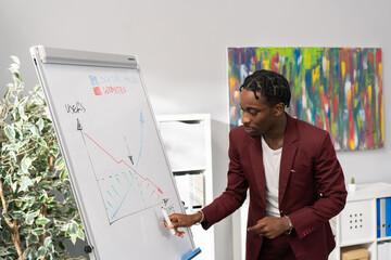 A handsome dark-skinned employee dressed in a maroon suit stands in an office next to a white...