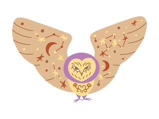 Flying owl hand drawn vector illustration. Mystic owl illustration with stars for kids on white
