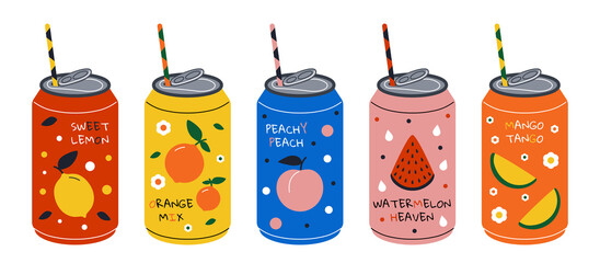 Soda drink. Cartoon energy cocktail and sweet fizzy juiced drink, summer cool water with juice and sweeteners. Vector soda metal can set