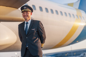 Portrait of smiling young male pilot in uniform and hat looking aside, posing in front of a big passenger airplane in airport at sunset. Aircraft, occupation, transportation concept © Yaroslav Astakhov