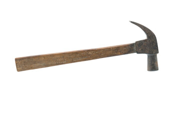 old metal hammer with wooden handle on white background closeup