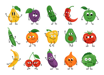 Fruit and vegetable characters. Cute organic food mascot characters with face emotions hands and legs. Vector set