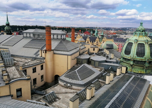 Municipal House Prague city view from above stock images. Urban landscape photo. Beautiful place in Prague. Prague roofs photo. View from the Powder Gate Tower images