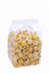  buttered popcorn in plastic bag fir sale on white background