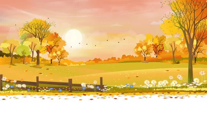 Fototapeten Autumn rural landscape farm fields and forest trees with orange sky sunset, Vector cartoon background fields harvest, Peaceful scenery of natural countryside with sunrise for fall season background © Anchalee