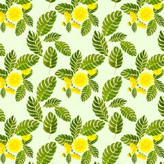Floral seamless pattern made by markers. Drawing of yellow flowers and green foliage. For background and color printing.
