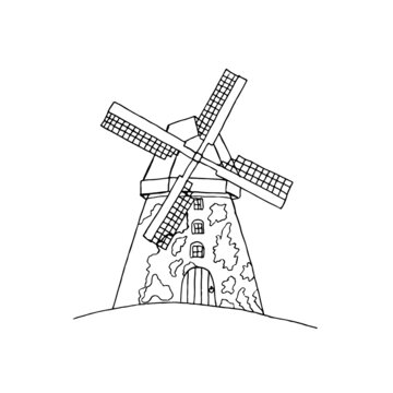 The windmill icon. Simple contour illustration of a windmill on a white background.