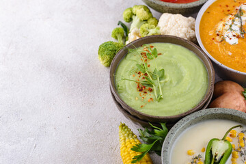 Assortment of vegetable autumn cream soups.