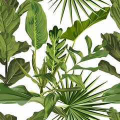 Tropical green leaves background. Seamless pattern. Graphic illustration. Exotic jungle plants. Summer beach floral design. Paradise nature.