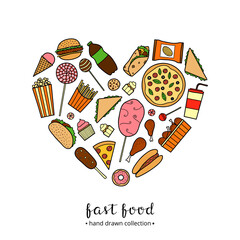 Hand drawn fast food in heart shape.