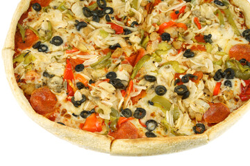 close up view on fresh baked pizza isolated on white background