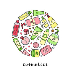 Hand drawn beauty products in circle.