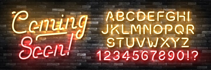 Vector realistic isolated neon sign of Coming Soon logo with easy to change color alphabet font for template decoration and layout covering on the wall background.