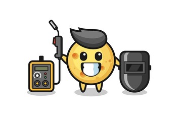 Character mascot of round cheese as a welder