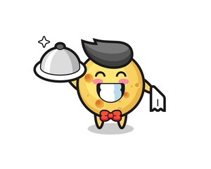 Character mascot of round cheese as a waiters