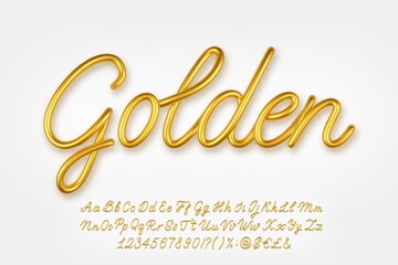 Gold 3d realistic capital and lowercase letters, numbers, symbols and currency signs isolated on a light background.