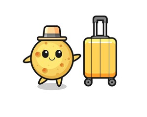 round cheese cartoon illustration with luggage on vacation