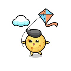 round cheese mascot illustration is playing kite