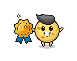 round cheese mascot illustration holding a golden badge