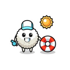 Cartoon mascot of rice ball as a beach guard