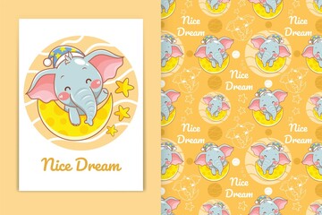 cute baby elephant with moon and little star cartoon illustration and seamless pattern set