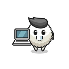 Mascot Illustration of rice ball with a laptop