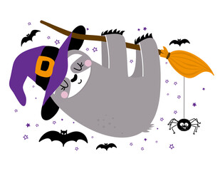 Happy Halloween - funny sloth hanging on broomstick. Sloth doodle draw for print. Adorable poster for Halloween party, good for t shirts, gifts, mugs or other print designs. Trick or treat cute animal