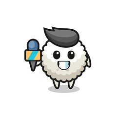 Character mascot of rice ball as a news reporter