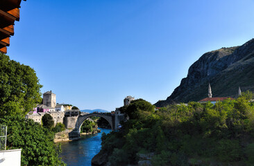 Mostar / Bosnia and Herzegovina - 16.08.2021: - Old Bridge in place Mostar, Bosnia and Herzegovina.